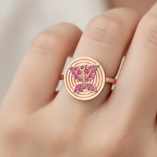 Rose Butterfly Medallion Ring With Pink Gemstones - Two