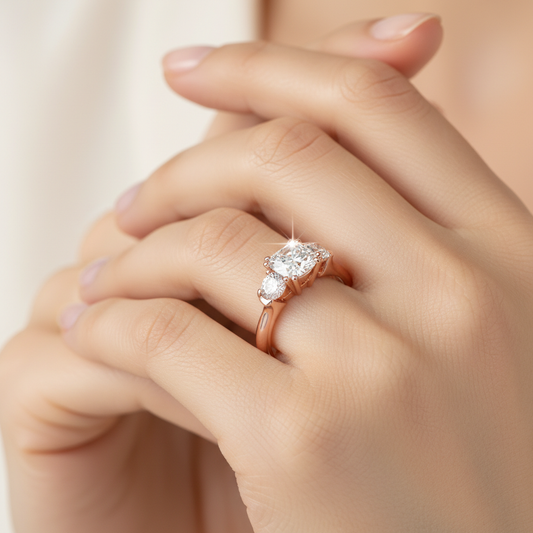 Rose Gold Three Stone Diamond Engagement Ring with Pear Side Stones