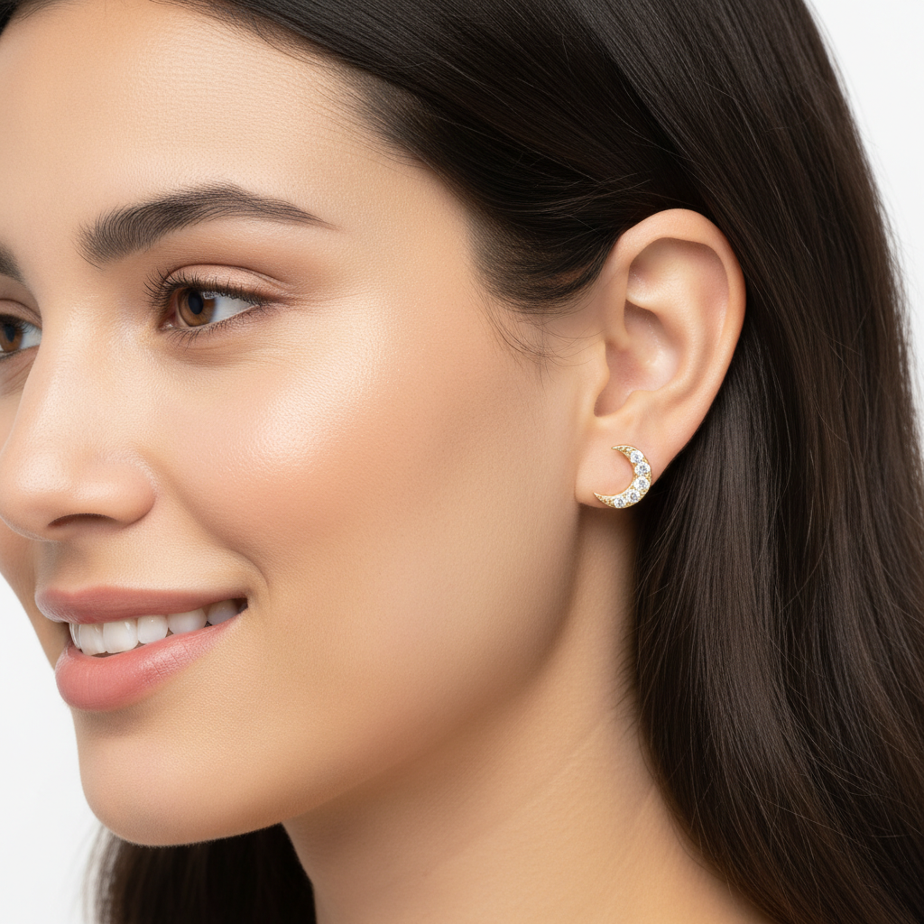 Gold Crescent Moon Diamond Stud Earrings