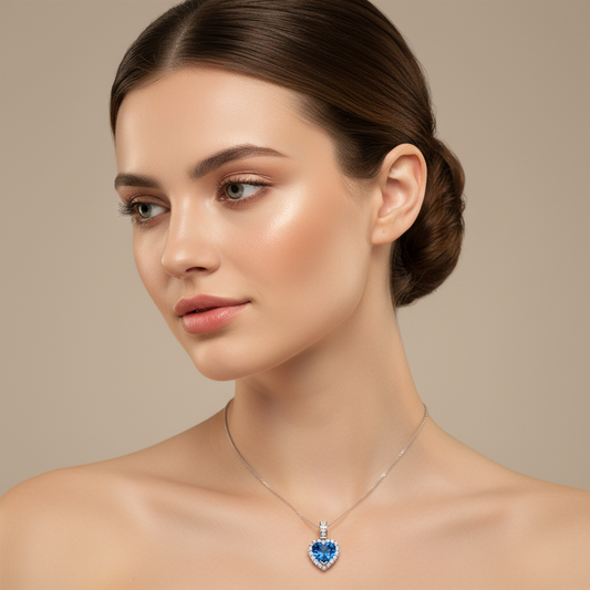 Blue Sapphire Heart Pendant Necklace with Diamond Halo in White Gold