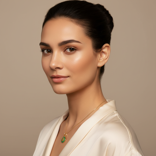 White Gold Green Enamel Chinese Longevity Symbol Pendant Necklace