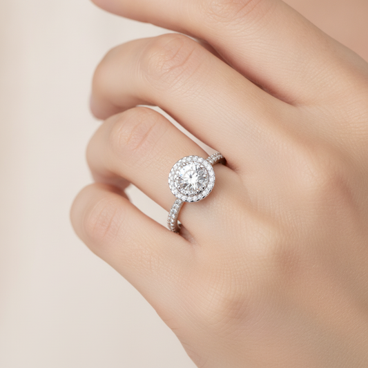 Terrific Halo Diamond Ring In 925 Sterling Silver - Fourteen