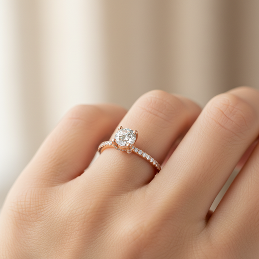 Rose Gold Hidden Halo Diamond Engagement Ring with Pav Band