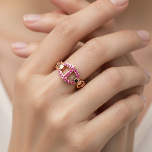 Ruby Oval Ring (Lab-Grown) | Rose Gold Chain Link Vertical Bar Design | Jebij - Two