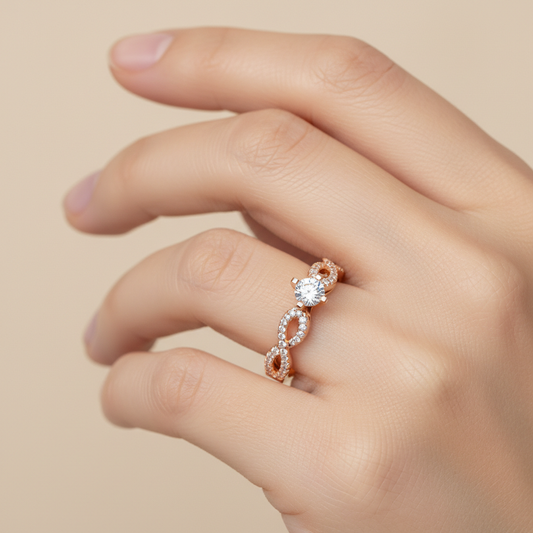 Rose Gold Diamond Engagement Ring with Pav Band and Solitaire Setting