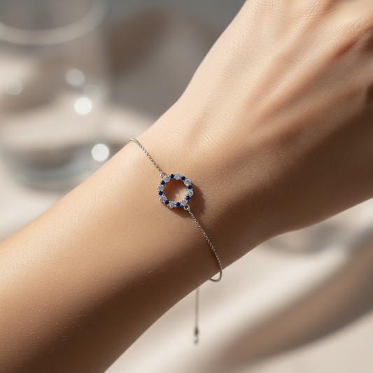 Blue and White Sapphire Circle Bracelet with Delicate Chain