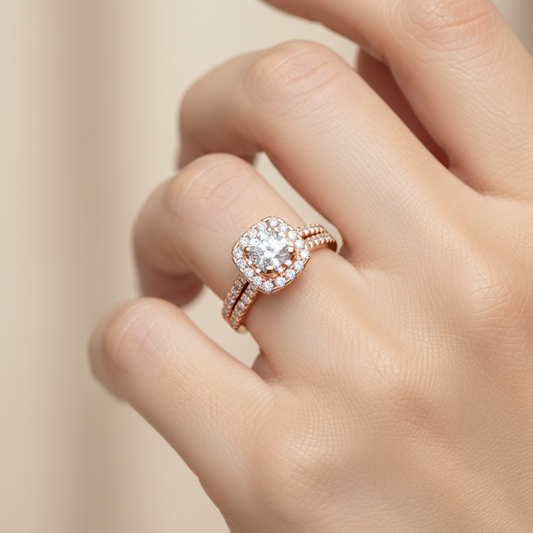 Rose Gold Double Halo Diamond Engagement Ring with Filigree Detail