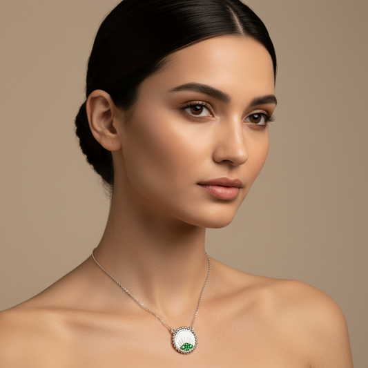 Beaded Evil Eye Pendant Necklace With Green Stones And Baguette Accents - Two
