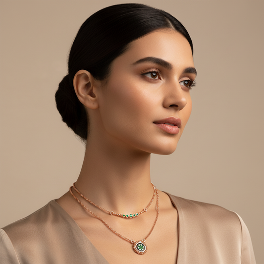 Layered Emerald Pendant Necklace with Beaded Chain Set