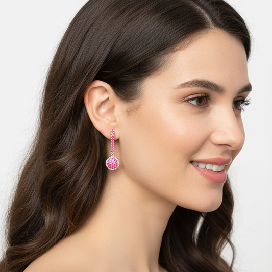 Pink Crystal Pav Disc Drop Earrings with Hook Closure