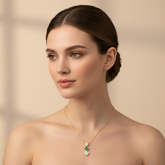 Diamond And Emerald Clover Pendant Necklace In White Gold - Two