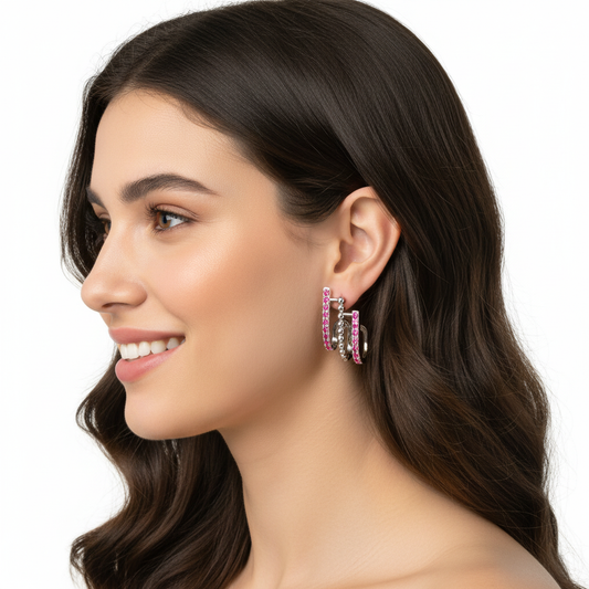 Pink Gemstone Geometric Hoop Stud Earrings with Beaded Detail