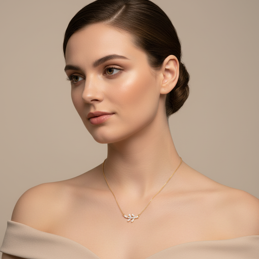 Delicate Leaf Branch Pendant Necklace With Pav Crystals - Two