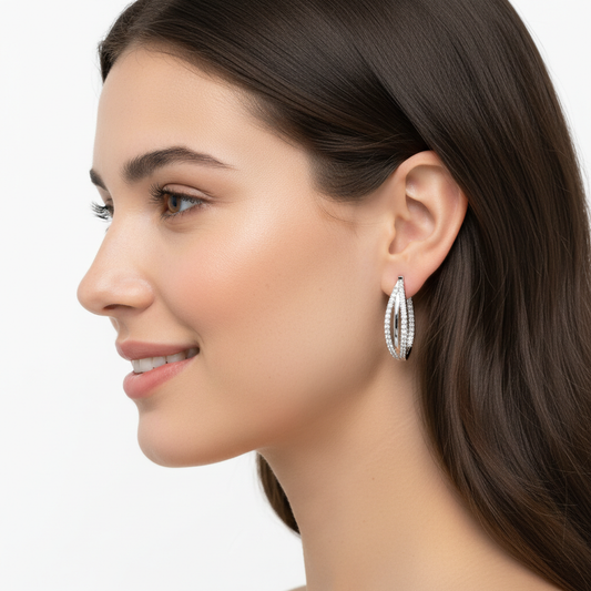 Double Row Diamond Hoop Earrings in White Gold