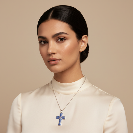 Blue Pav Cross Pendant Necklace - Five