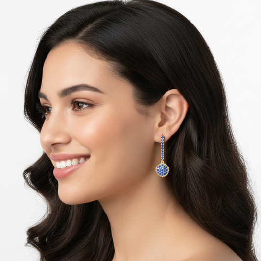 Blue Sapphire Pav Disc Drop Earrings with Beaded Halo