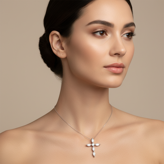 Marquise Diamond Cross Pendant Necklace in White Gold