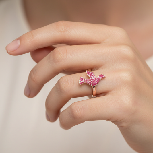 Pav Ruby Butterfly Ring in Rose Tone