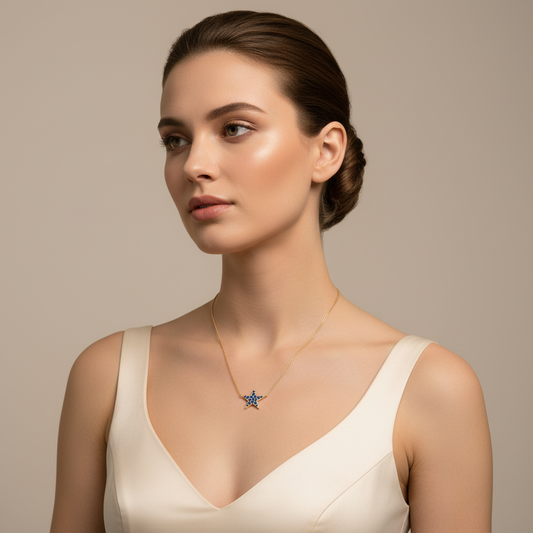Blue Sapphire Star Pendant Necklace With Rose Tone Chain - Two