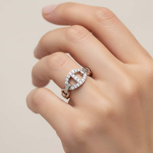 Diamond Chain Link Ring For Women | White Gold Oval Center Bar Design | Jebij - Two