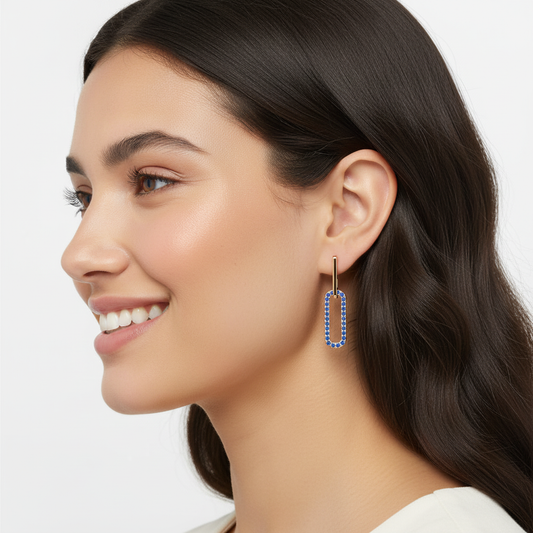 Blue Sapphire Geometric Drop Earrings With Bar Studs - Two