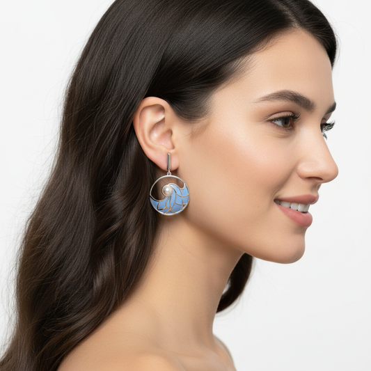 Gold Turquoise Enamel Pearl Drop Earrings 21mm Round Dangle Earrings