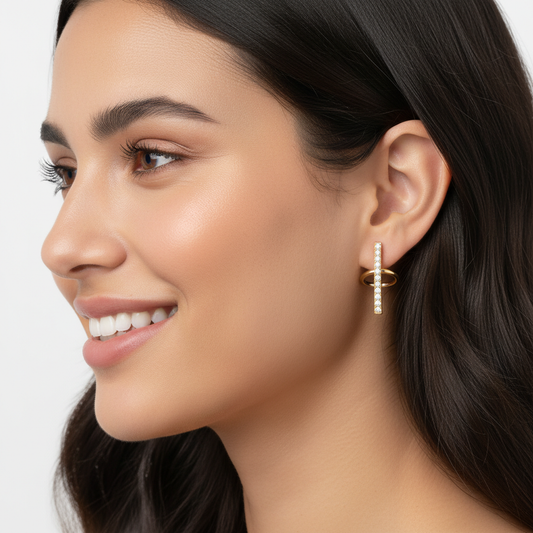 Diamond Bar Huggie Hoop Earrings in 14K Yellow Gold