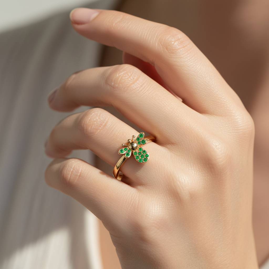 Emerald Bee Ring With Pav Gemstones - Eight