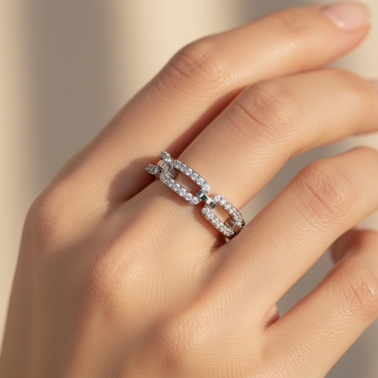 Diamond Interlocking Link Ring in White Gold | Double Pave Luxury Chain Design Statement Ring for Women | Jebij