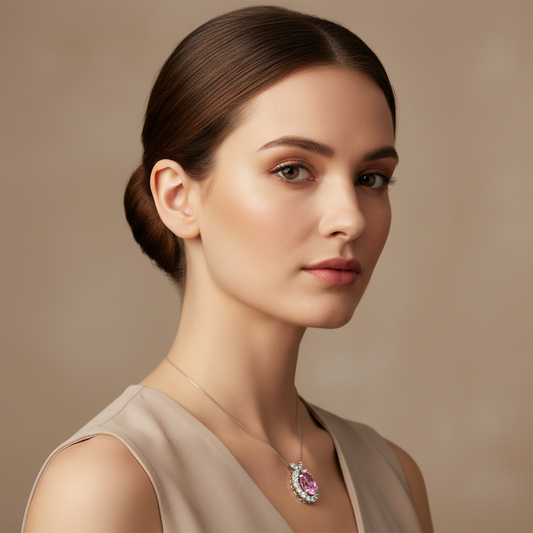 Pink Sapphire Oval Halo Diamond Pendant Necklace in White Gold