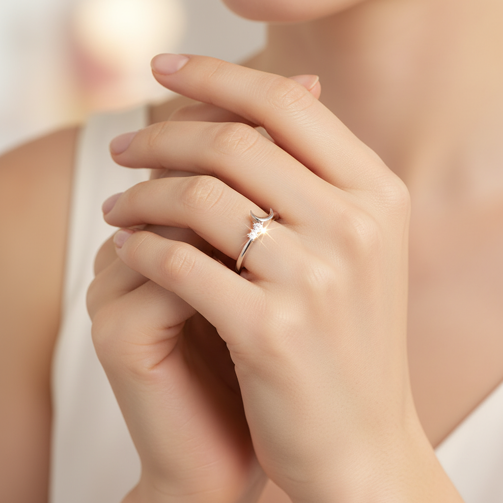 Diamond Crescent Moon Ring in White Gold