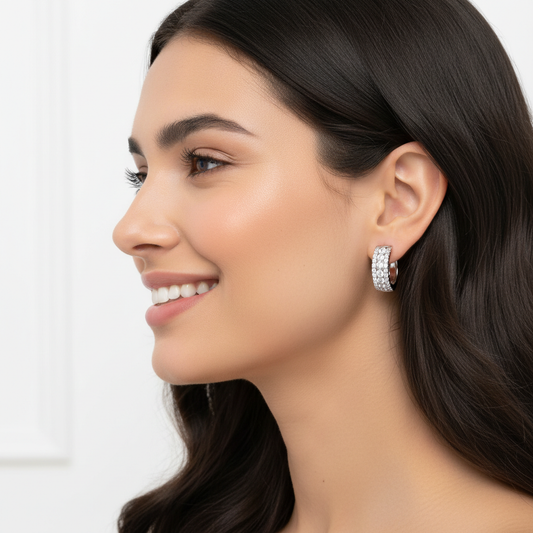 Double Row Diamond Huggie Hoop Earrings in White Gold