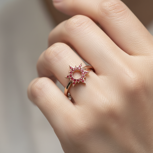 Ruby Starburst Halo Ring With Open Center Design - Two