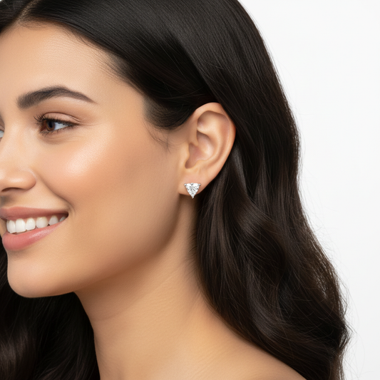 Sterling Silver Triangle Cut Cubic Zirconia Stud Earrings with Screw Back