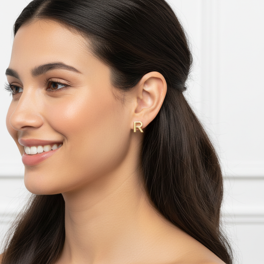 Gold Letter R Initial Stud Earrings
