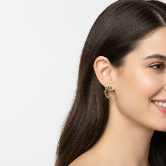 Emerald Beaded Circle Hoop Earrings with Screw Back Studs