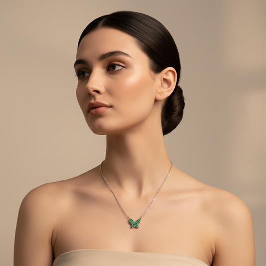 Green Crystal Butterfly Pendant Necklace With Ball Chain - Two