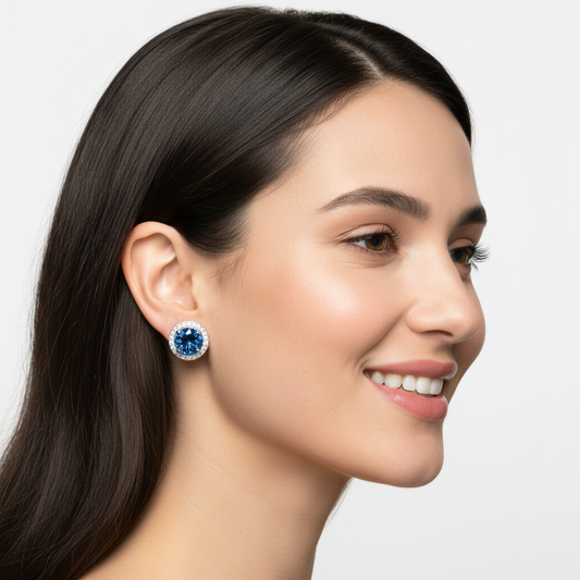 Blue Sapphire Diamond Halo Stud Earrings in White Gold