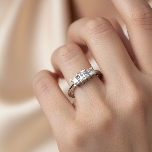 White Gold Three Stone Diamond Engagement Ring with Princess Center Stone