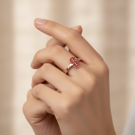 Ruby Dollar Sign Statement Ring Rose Tone Finish
