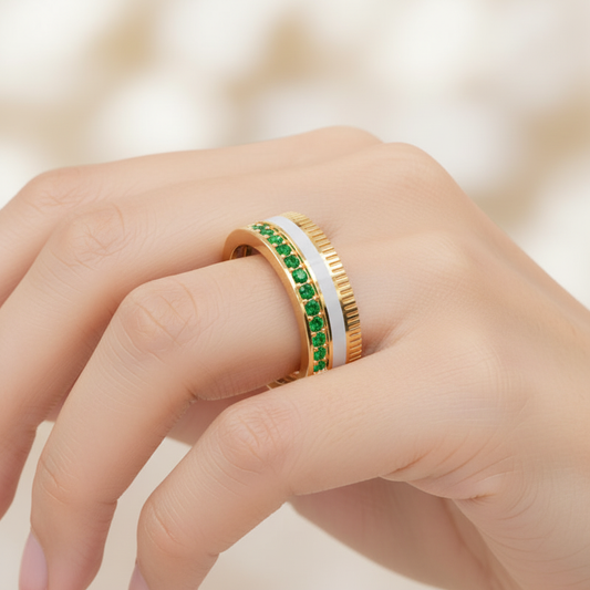 Yellow Gold Emerald Band Ring with White Enamel Center – Customizable Luxury Statement Ring | Jebij