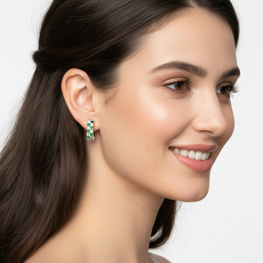 Emerald And Diamond Tworow Hoop Earrings In White Gold - Two