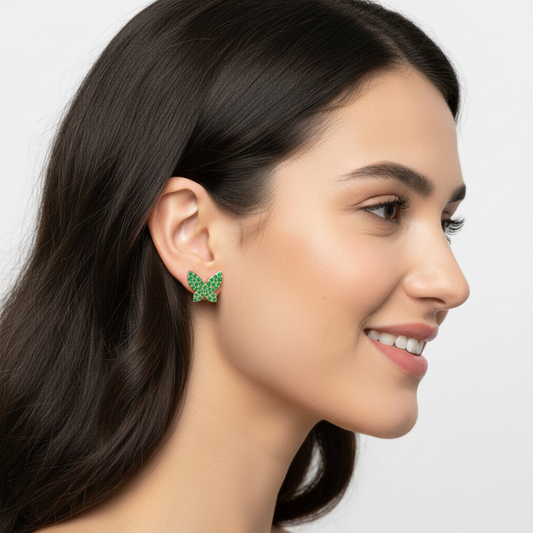 Emerald Butterfly Stud Earrings With Pav Setting - Two