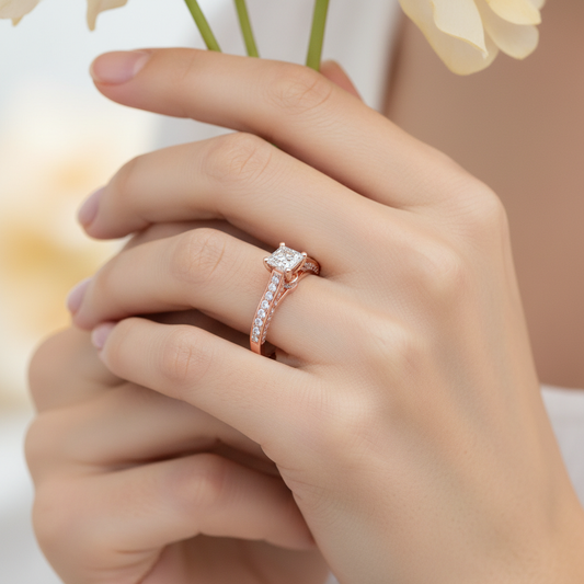 Rose Gold Princess Cut Diamond Engagement Ring with Pav Band