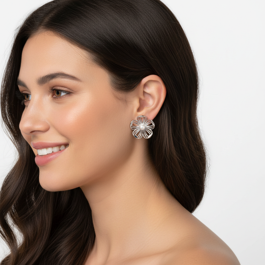 Gold Flower Stud Earrings with 3 MM Center Pearl