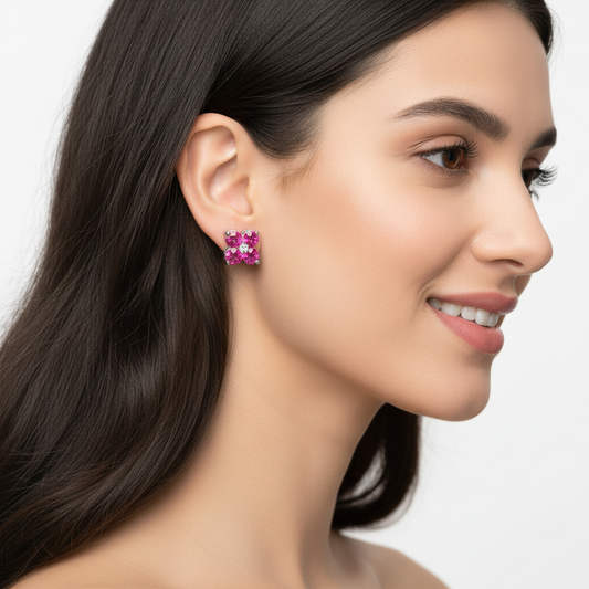 925 Sterling Silver Pink Sapphire And Moissanite Flower Cluster Stud Earrings - Two