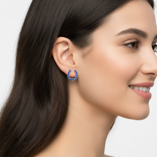 Blue Sapphire Horseshoe Stud Earrings With Screw Back Closure - Two