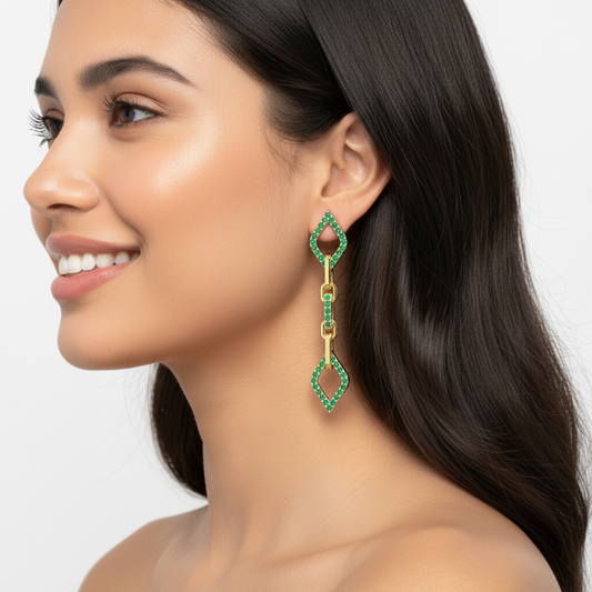 Emerald Chain Link Drop Earrings With Geometric Diamond Shapes - Two