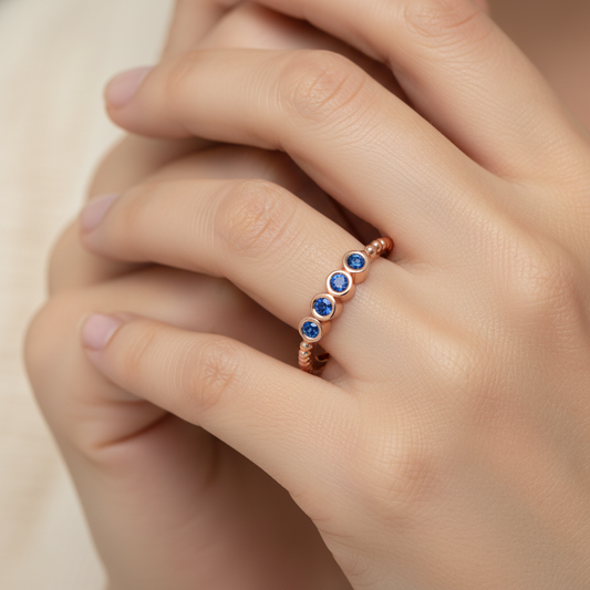 Blue Sapphire Bezel Half Band Ring in Rose Gold – Minimal 5 Stone Stackable Ring | Jebij