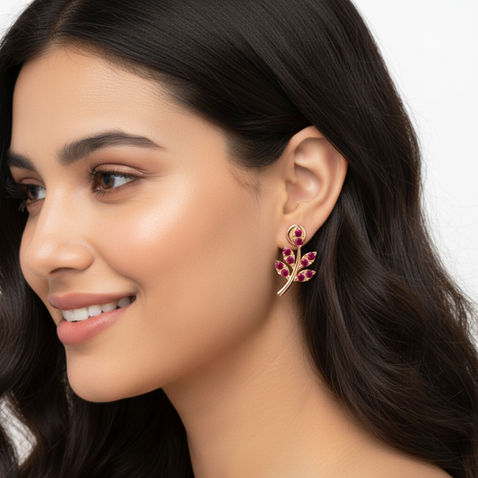 Red Crystal Leaf Branch Ear Jacket Stud Earrings - Two